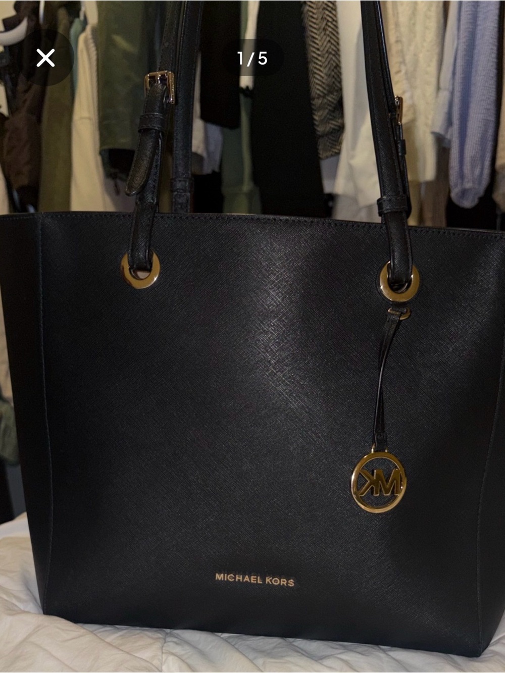 Michael Kors Black Leather Tote with Gold MK Charm
